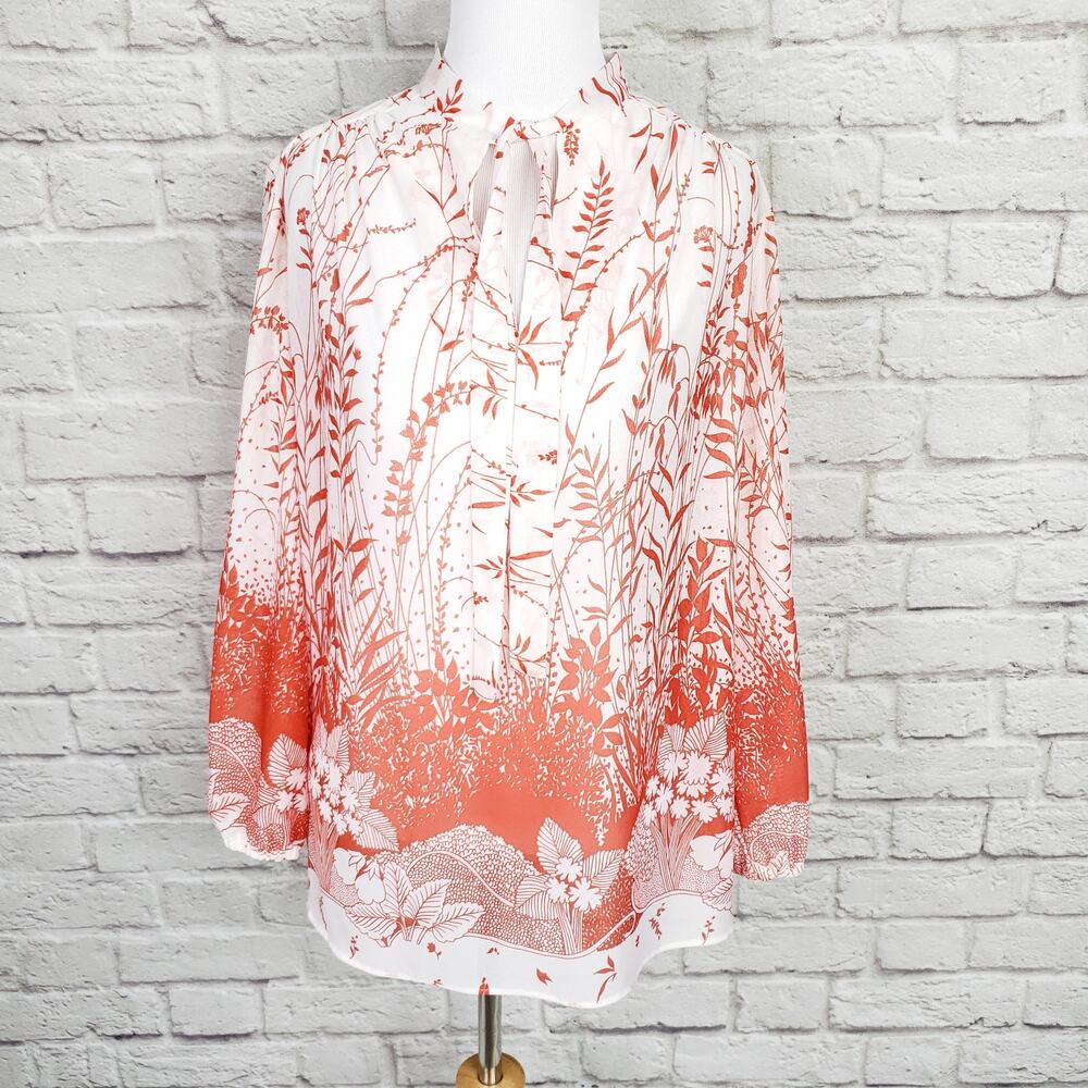 Vintage 70s Red & White Floral & Vine Boho Tie Neck Flowy Top Size M 1970s